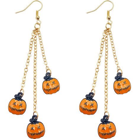 Boucles d'oreilles pendantes citrouille d'Halloween - Multi-chaînes - Motif citrouille souriante, bijoux festifs pour femmes, accessoire de déguisement et de soirée effrayante (1/5)