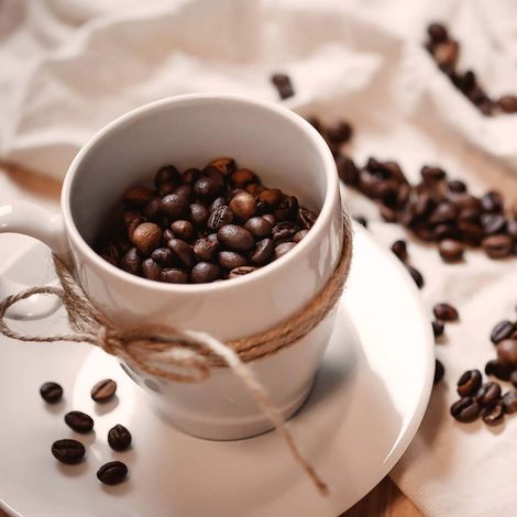 Tableau cuisine tasse & grains de café | Tableau hiver marron & blanc | Tableau sur toile moderne idéal pour salon & couloir 0,5 x 0,5 m