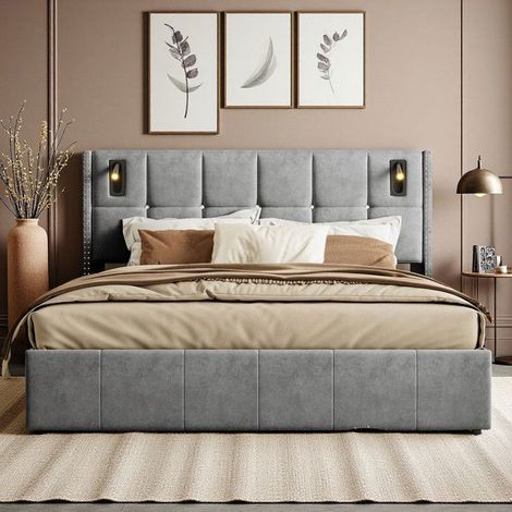 Cama doble 140x200 con somier y cama cofre Ahorro de espacio hidráulico 3 puertos de carga Terciopelo gris Oeko-Tex