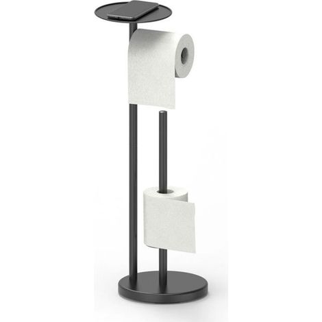 Porte-papier toilette sur pied avec étagère, support rouleau WC autonome en acier inoxydable noir mat antirouille, base stable pour salle de bain (1/4)