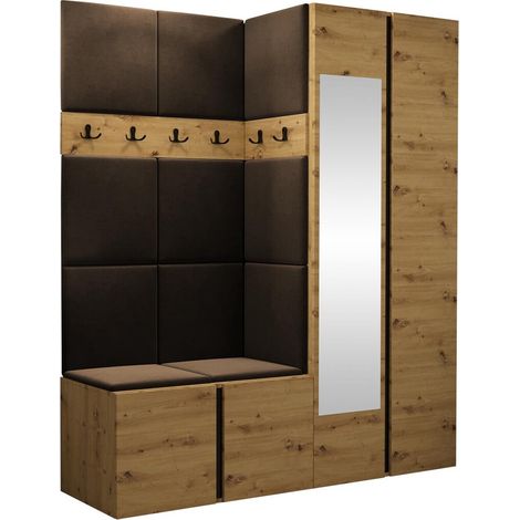 Conjunto para recibidor Pinis X, Roble Artisan, 186x158x46cm, Espejo, Aglomerado laminado, Tapiz, Colocada, Montada en la pared