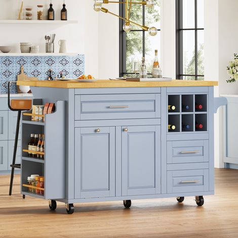 Carrello cucina multifunzione blu in MDF con cassetti e piano pieghevole
