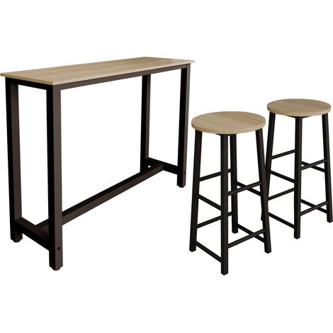 Bartisch mit 2 Barhockern  Metallbeine  140x100x40cm  Bartresen küche  Modell Ani  Schwarz und Sonoma