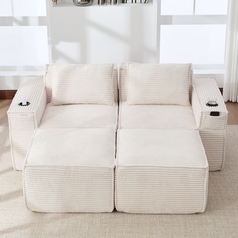 Canapé modulable 2 places en velours côtelé beige avec 2 poufs, porte-gobelets (1/5)