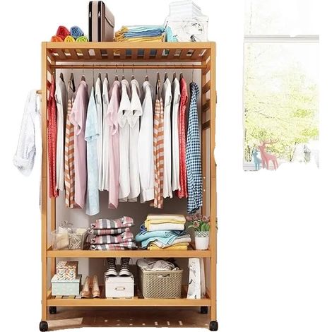 Porte-vêtements, Matériau en bambou, 4 Roues roulantes, Kaki (1/5)