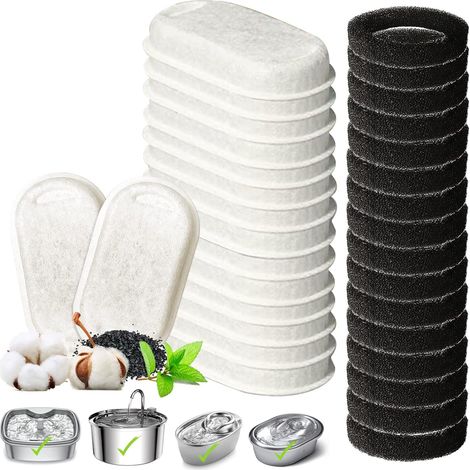 Lot de 16 + 16 fontaines pour chat et chat, filtre de rechange pour fontaine à boire en acier inoxydable de 108 oz/3,2 l et 67 oz/2 l, avec filtre à charbon et filtre en mousse (1/5)