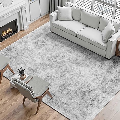Tapis Salon, 2,7x3,7 m, Grand Tapis Chambre Lavable et Antidérapant, Poils Courts et Denses, Résistant aux Griffures Animaux, Doux Confortable, Style Bohème, pour Chambre, Bureau, Entrée, Gris (1/5)