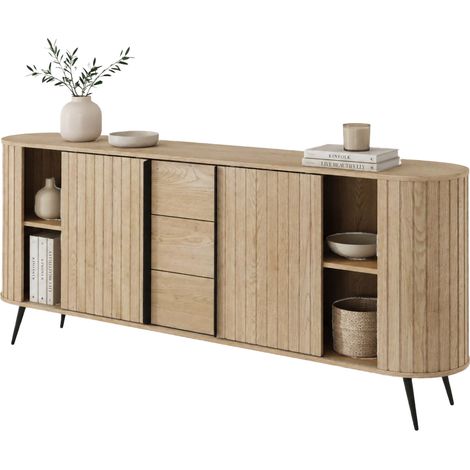 Credenza Hanira, Madia 3 Cassetti, 2 Ripiani, Apertura Scorrevole, 196x40x82h cm Marrone Rovere