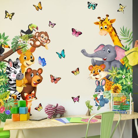 Stickers Muraux Animaux de la Jungle Porte Autocollant Mural Safari Éléphant Girafe Décoration Murale Chambre Enfants Bébé Pépinière Porte (1/5)