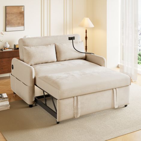 Canapé convertible 2 places chenille beige, USB, dossier réglable, support téléphone, 129 cm (1/5)