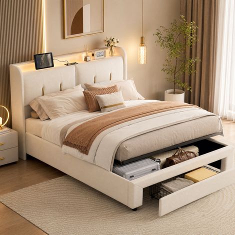 Superaly Lit Double Capitonné 140x200 cm, 1 Tiroir de rangement, Tête de lit avec espace de rangement, Éclairage LED télécommande, Double Ports USB, 2 Prises Européennes,Modern, Velours, Beige (1/5)