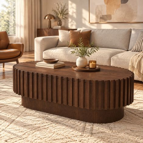 Table basse ovale 100 x 50 x 35,5 cm en MDF noyer avec rangement FloraGrace (1/5)