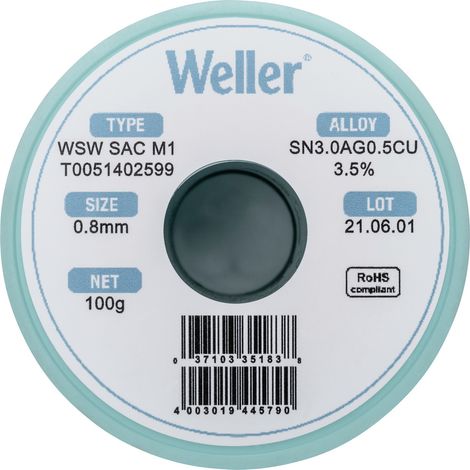 Weller T0051402599 Lötzinn, bleifrei Spule, bleifrei Sn3,0Ag0,5Cu 100 g 0.8 mm (1/5)
