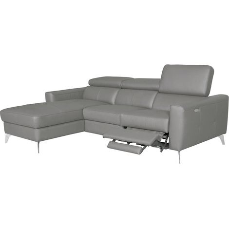 Canapé d'angle en cuir italien de luxe 5 places BOTERO, avec relax électrique, gris clair, angle gauche (1/3)