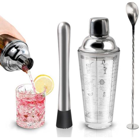 Juego de coctelera de 400 ml, juego de coctelera transparente de tres piezas, vaso para vino/zumo, utensilios de coctelería de acero inoxidable (1/3)