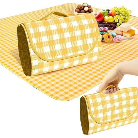 Couverture de pique-nique et tapis de plage pliable – 150 x 200 cm – Grand tapis portable avec sac de transport – Pour plage, camping, randonnée, pelouse et parc – Jaune (1/5)