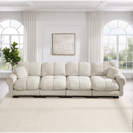 Divano modulare a 4 posti in ciniglia beige chiaro OKWISH (1/5)