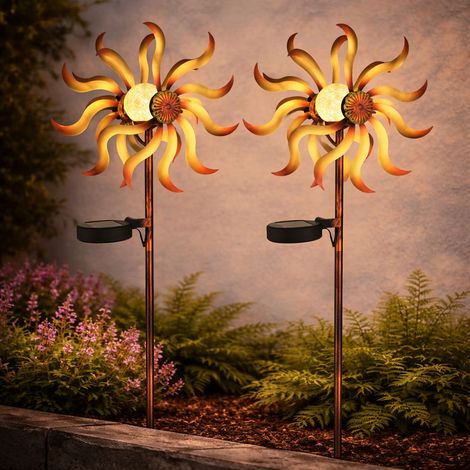 2er Set Gartendeko Windrad LED Außen Solarleuchte gold Terrassenlampe Außenleuchte mit Erdspieß, Metall gold , Bruchglas, warmweiß, LxH 22x 92 cm