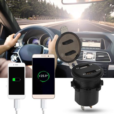 Chargeur de voiture avec deux ports USB (5 V/1 A et 5 V/2,1 A), affichage de la tension, voltmètre numérique, étanche IP66, bleu, alimentation CC 12-24 V. (1/5)