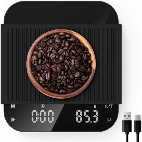 Rechargeable Balance à Café avec Minuterie, 3kg/0.1g Balance de Cuisine Affichage LED, 6 Unité, Couvercle en Silicone, Minuterie Automatique/Manuelle, Haute Précision pour Espresso, Café Versé (1/5)