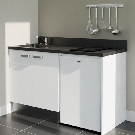 Kitchenette K17L - 140 cm - plan monobloc évier intégré Nero- évier à gauche - Façades Blanc + Electroménager inclus coloris Blanc (1/5)