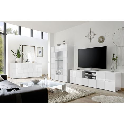 REBECCA - Ensemble Salon Meuble TV 181 cm Blanc Laqué Weiss Relief Damiers (1/5)