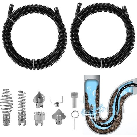 2 x 3 m Pipe Cleaning Spiral, Spiral Diameter 12 mm, with 6 Unblocker Cutting Heads and 1 Electric Adapter, Steel Pipe Cleaning Spiral Efficient Drain Cleaner