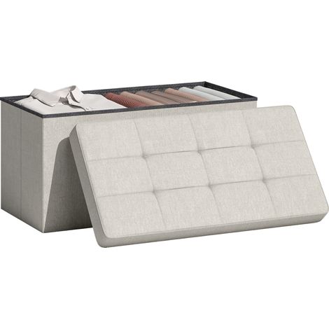 HOMCOM puff almacenaje, banco almacenaje plegable, 84 L, 76x38x38 cm, tapizado en lino sintético, baúl de almacenamiento, carga 120 kg, crema