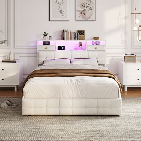Doppelbett 140x200 cm mit 4 Schubladen, Polsterbett mit LED-Beleuchtung und USB Ladeanschluss, Jugendbett mit Stauraum Kopfteil und Lattenrost, Ohne Matratze, Beige