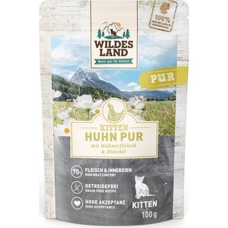Wildes Land Katze Nassfutter für Katzen Beutel – Kätzchen Huhn mit Distelöl 100 g
