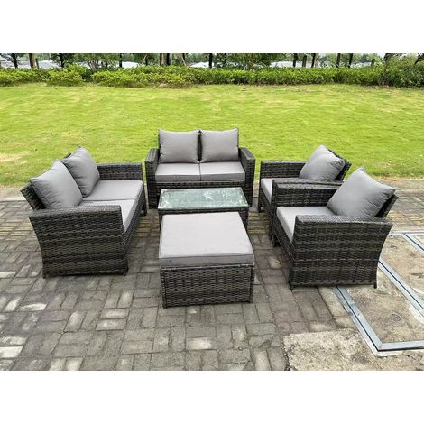 Fimous 7 Seater Dark Grey Mixed High Back Rattan Sofa Set Rectangular Coffee Table Garden Furniture Outdoor Patio (1/5)