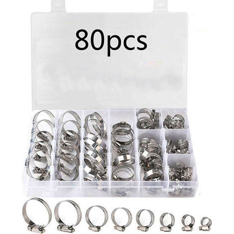Stainless steel hose clamp, box of 80 pieces, hose clamp for throat pipe, water pipe joint, set of American single-ear hose clamps (1/5)