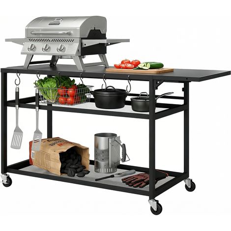 Rollbarer Gartenwagen für Grill mit klappbarer Seitenablage, 3 Ablagen, 133 x 48,5 x 82 cm, schwarz