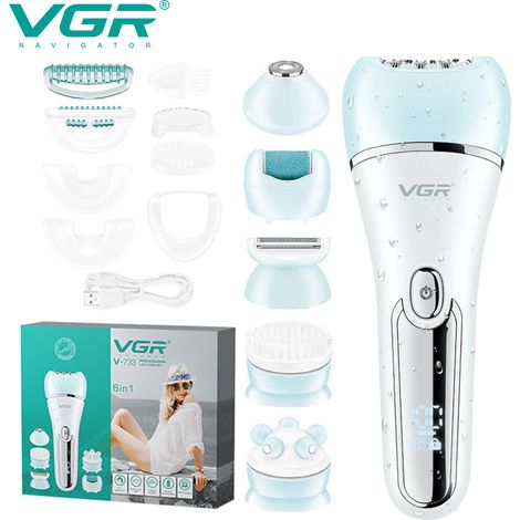 (Bleu) Appareil d'épilation 6 en 1 pour femmes, rasoir lavable, épilateur électrique, kit d'épilation (1/2)