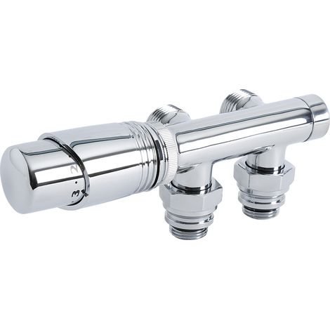 Milano 3/4" Male Thread H Block Angled Valve and TRV Thermostatic Radiator Valve with 15mm Copper Adapters - Chrome