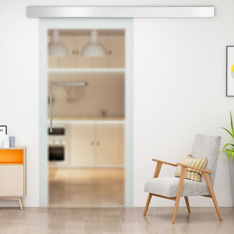 Porte coulissante intérieure en verre dépoli avec rail B1 et poignée pour salle de bain, cuisine ou bureau. Dimensions : 205 x 77,5 x 0,8 cm.