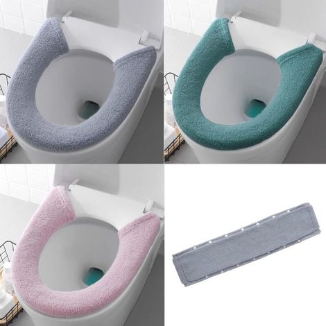 Set of 3 soft and thicker toilet seat covers, button style, 3 colors, washable reusable bathroom toilet seat cover, universal toilet seat mat, keeps warm (1/4)