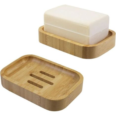 Set of 2 Natural Bamboo Soap Dishes for Bathroom Kitchen Sponge Holder Storage Accessories (1/4)