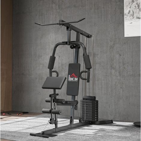 Estación de musculación multifunción con bloque de pesas de 45 kg, 180 x 108 x 200 cm, acero negro (1/4)