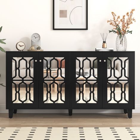 Buffet avec Miroir et Poignées en Cristal - 160 x 40 x 84 cm - 4 Portes avec Étagères Amovibles - Style Luxueux - Noir (1/5)