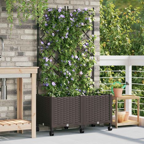 vidaXL Jardinera con enrejado y ruedas 2 uds. Marrón 80 x 40 x 149 cm (1/5)
