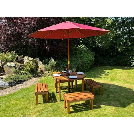Knights Four Seater Garden Furniture Round Table Set - L230 x W230 x H80 cm - Burgundy Parasol Included - Fully Assembled