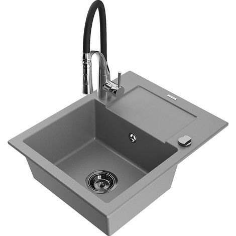 Mexen Enzo fregadero de granito de un seno con escurreplatos y grifo de cocina Aster, gris - 6506-71-73450-07-B (1/5)