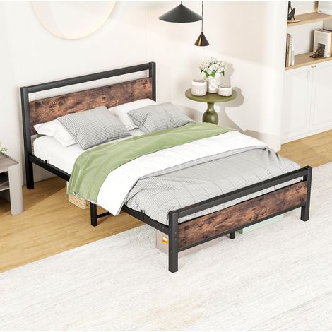 Lit 140x190 cm en métal et MDF, marron vieilli avec sommier inclus et espace de rangement (1/5)