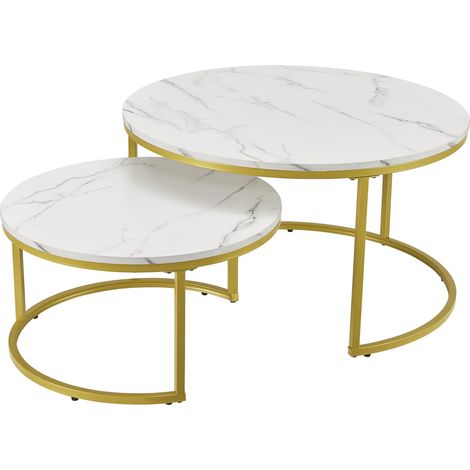 Set di 2 tavolini rotondi impilabili con effetto marmo bianco oro 030008355