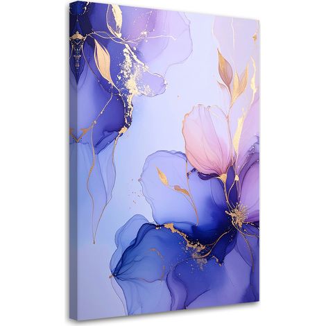 Quadro su tela, Astrazione nei toni del viola e del blu con venature dorate. - 40x60 (1/2)