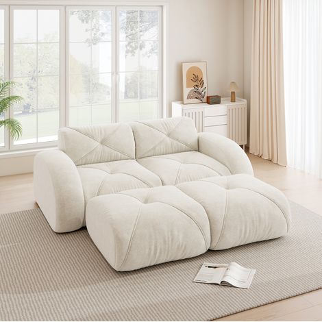 Divano modulare 2 posti con 2 pouf, senza telaio, ciniglia beige chiaro 204 x 171 x 76 cm REDOM (1/5)