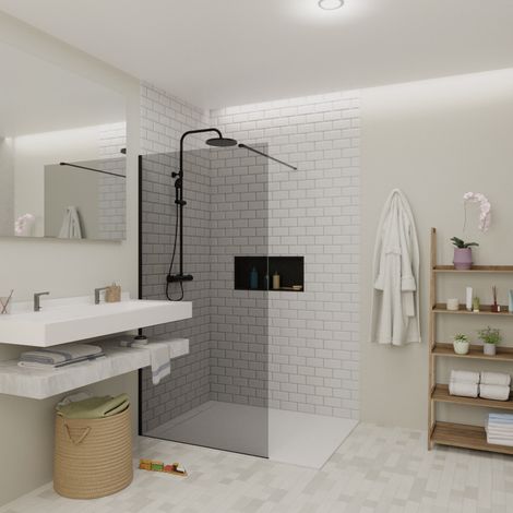 Swiss Aqua Technologies Mampara de ducha Walk-In panel de cristal ahumado antical de 8 mm, 90x200 cm, con brazos y perfiles en negro mate (SATBWI90KSPRC
