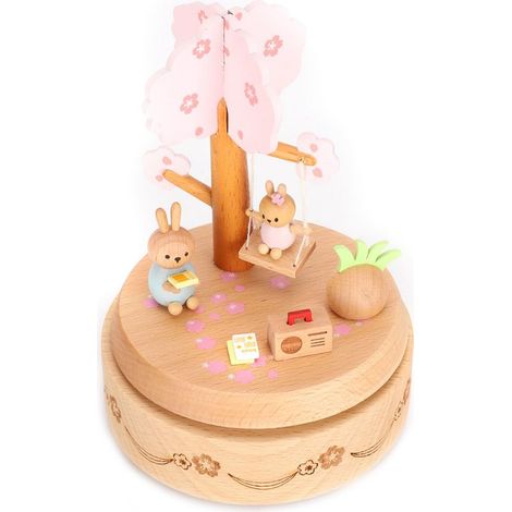 Spieluhr aus Buchenholz, bedruckter Hase, komplett handgefertigt, handgefertigtes Geburtstagsgeschenk aus Holz (1/5)