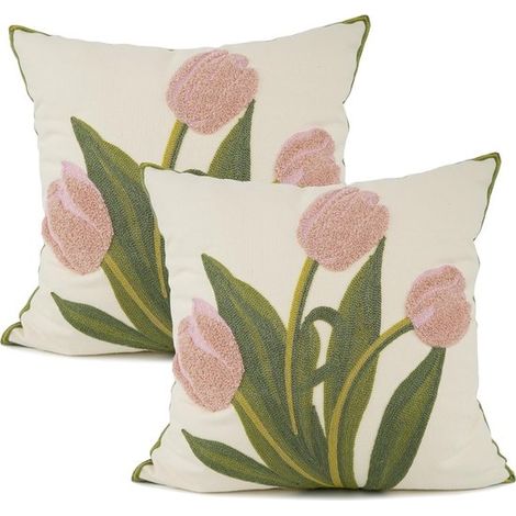 Paquete de 2 fundas decorativas bordadas para cojines de 45 x 45 cm (18 x 18 pulgadas)，con estampado floral，salas de estar y sofás cama (rosa) (1/5)